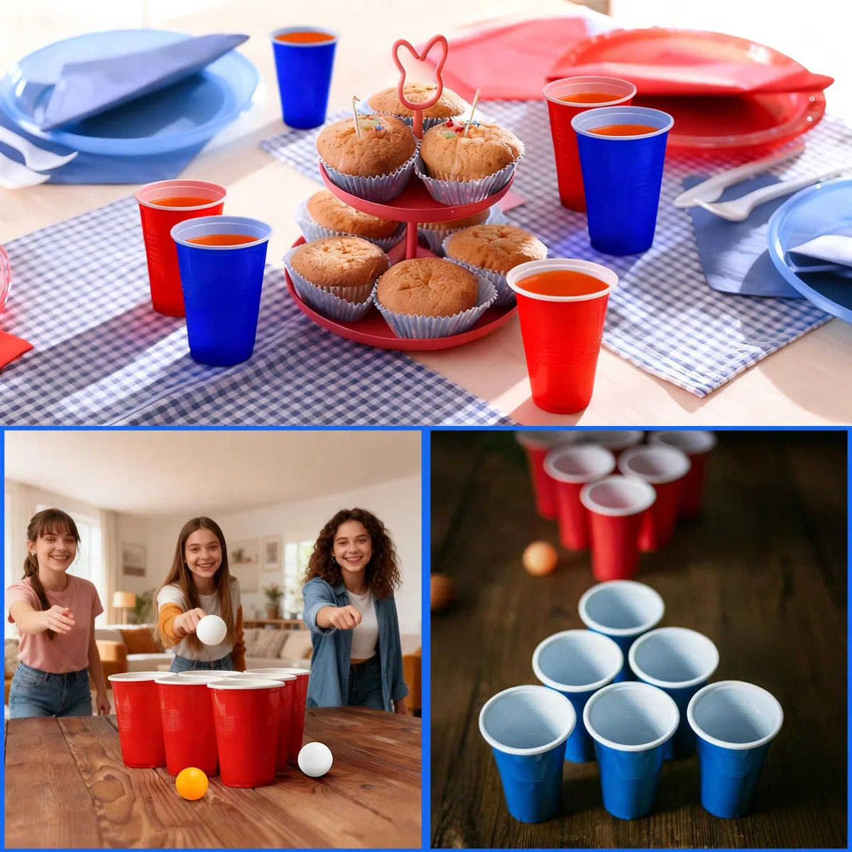 Bellanova Set da 100 Bicchieri Gioco da Festa 500 ml con 10 Palline da Ping-Pong, Bicchieri Rossi e Blu Riutilizzabili, Adatti a Giochi di Squadra, Feste, Campeggio e Bevande (50 rossi + 50 blu)