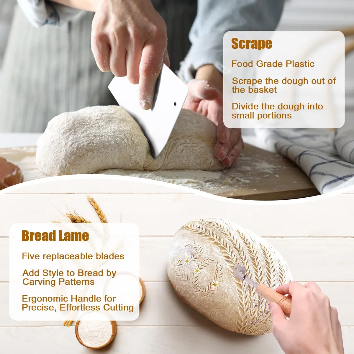 Cestino Lievitazione Pane Ovale 28 cm per 700g di Impasto, Set Cestino Pane in Rattan Naturale con Panno di Lino, Coperchi per Lievitazione, Taglierino, Spazzole - Kit Panificazione Avvio