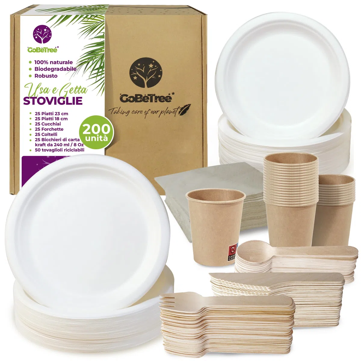 GoBeTree Stoviglie usa e getta di 200 pezzi per 25 persone. Stoviglie ecologiche fatte di canna da zucchero. Include 50 piatti, 75 posate di legno, 25 bicchieri di carta kraft e 50 tovaglioli.