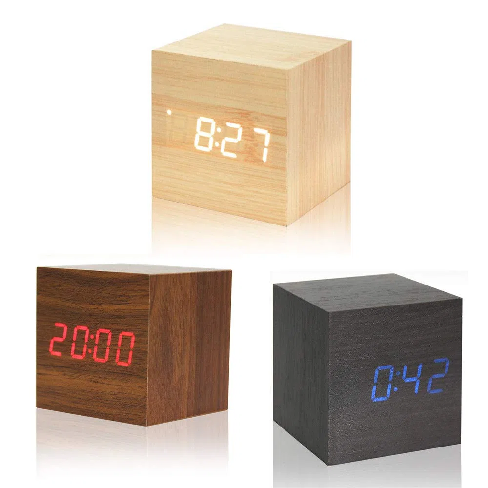 Sveglia In Legno - Cubo Ha Portato L'Orologio Digitale Con Visualizzazione Di Ora Temperatura, 3 Livelli Di Luminosità E Controllo Vocale Ideale Per I Viaggi In Ufficio - AC10Yellow_White