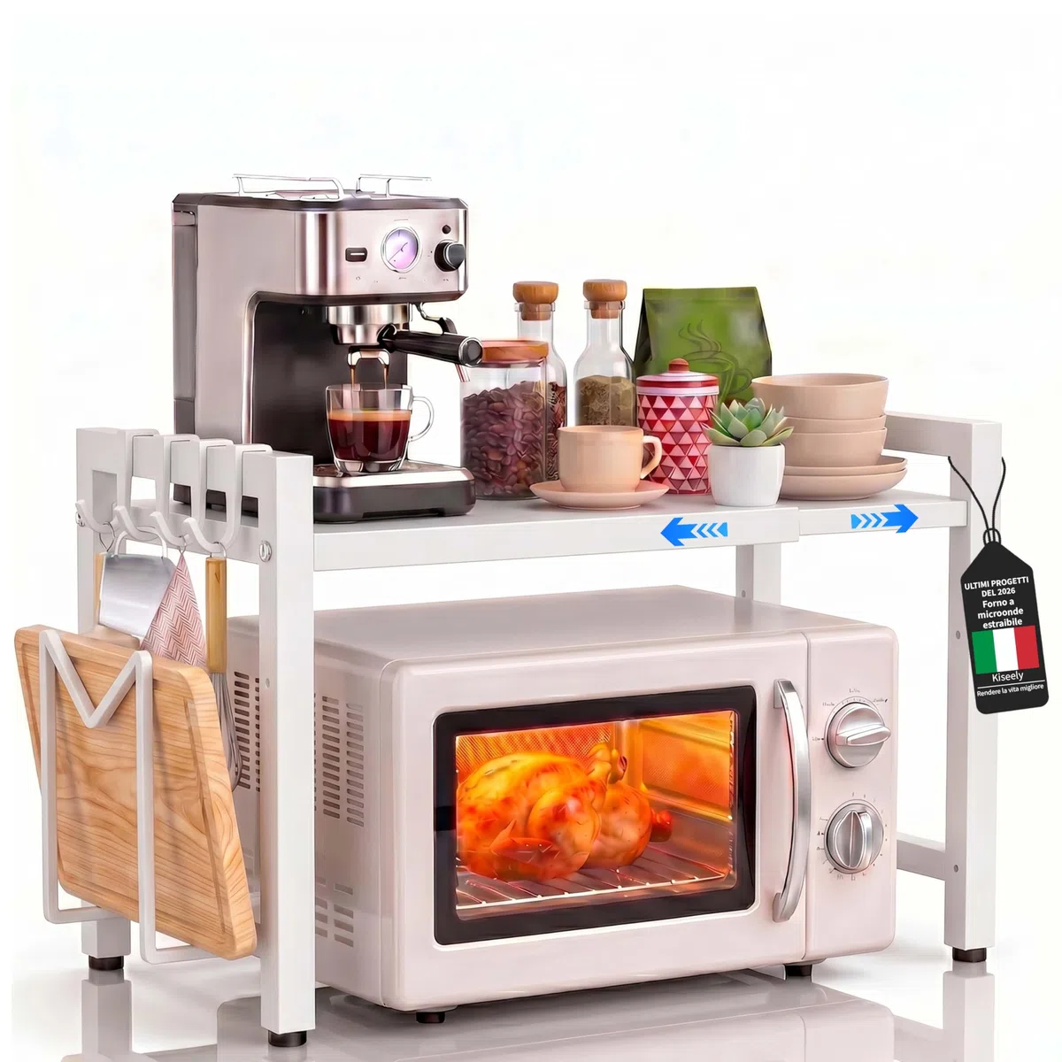 Kiseely Ripiano Espandibile per Microonde, Cucina Counter Ripiano Microonde, Organizzatore di Stoccaggio per Cucina con 6 Ganci, con Portaposate e portatagliere (Bianca BK1, 2 Livelli)