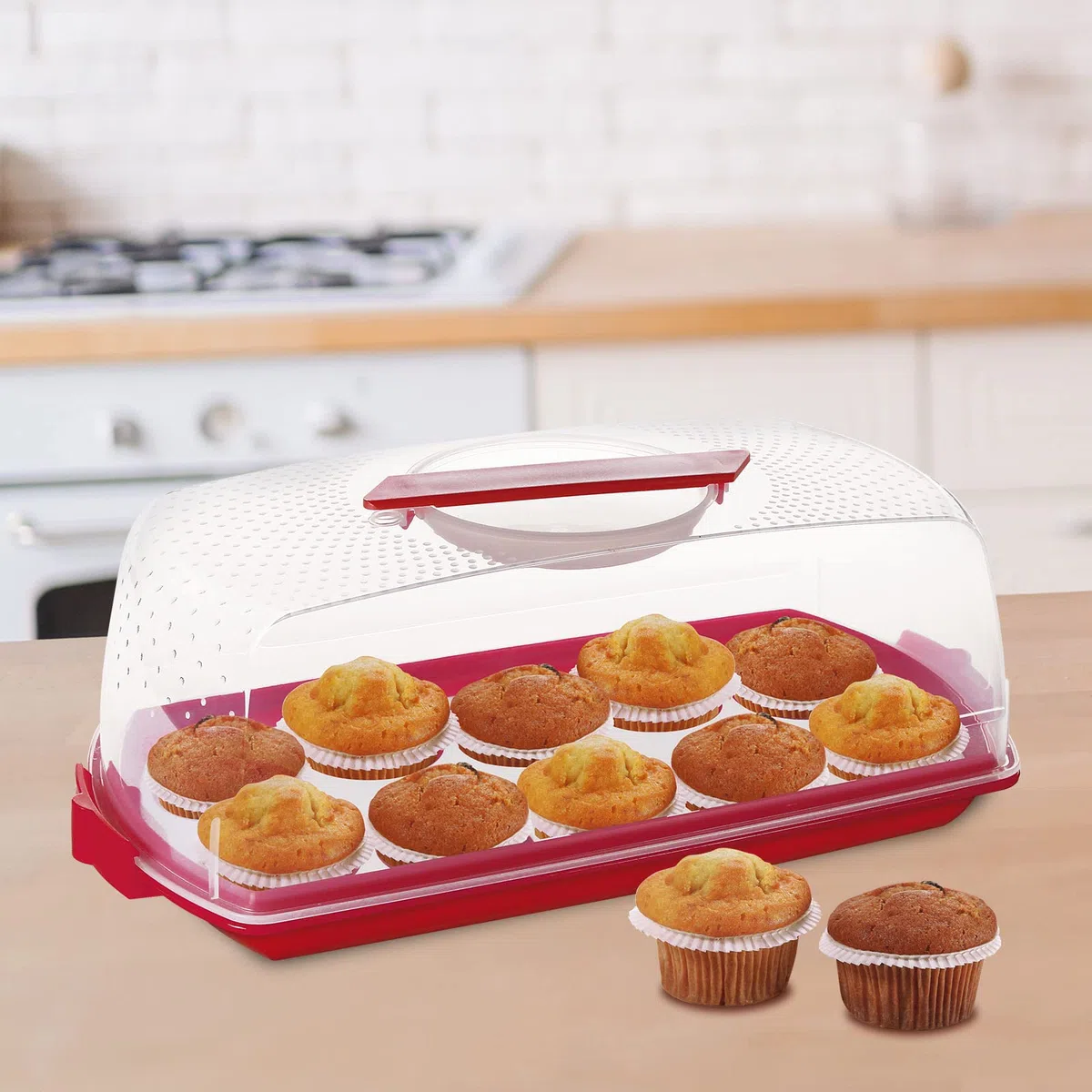 Cosmoplast Porta Dolci, Porta Torte, Plumcake, Brioches. Salvaspazio. Con inserto rimovibile per Muffin. Da Trasporto. 100% Made in Italy
