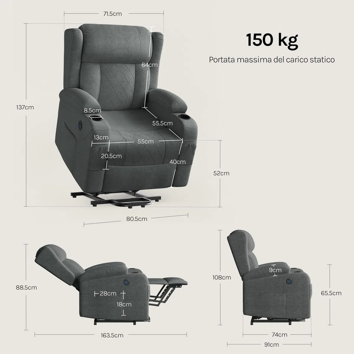 WOLTU Poltrona Elettrica Reclinabile, Sedia Massaggiante con Alzapersone, Riscaldamento, Poggiapiedi, Tasche Laterali, Porta USB, Portabicchieri, per Soggiorno, Tessuto Spugna, Grigio, SKS61gr