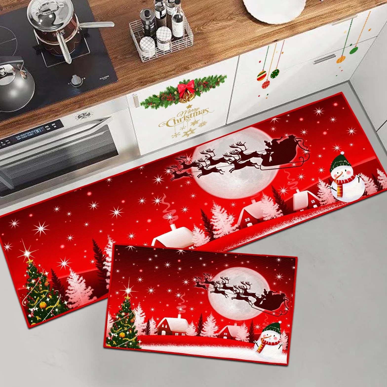 Tappeto natalizio antiscivolo e lavabile, con stampa Babbo Natale, per cucina, corridoio, soggiorno, ufficio, camera dei bambini, decorazione per la casa (43 x 75 + 43 x 150 cm, Natale A)