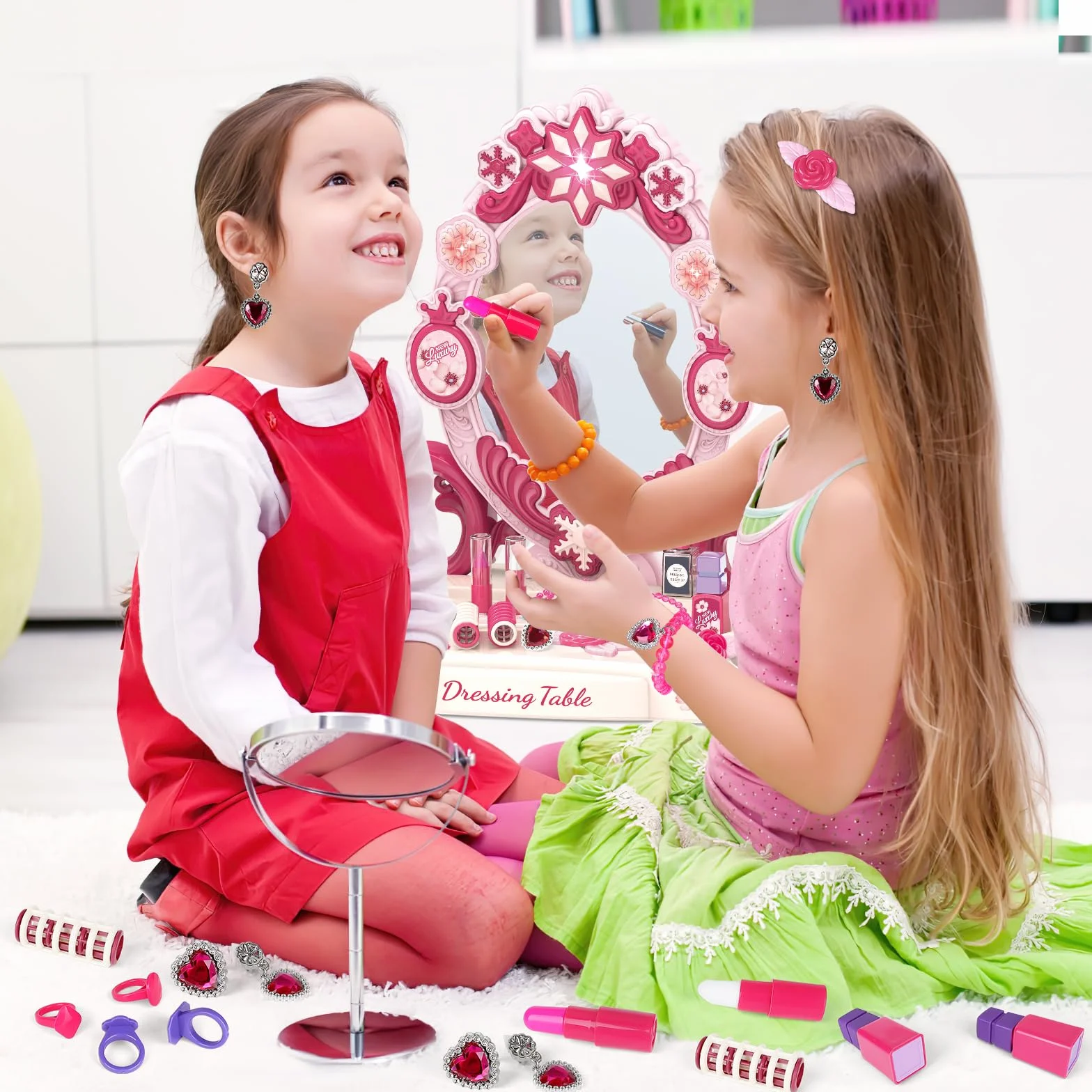 deAO Set Parrucchiera Bambina con Sgabello, Specchiera Trucco Bambina con Musica, Luce Salon Bambini Trucco Set per Ragazze Giochi Bambini da 3 Anni (Rosa)
