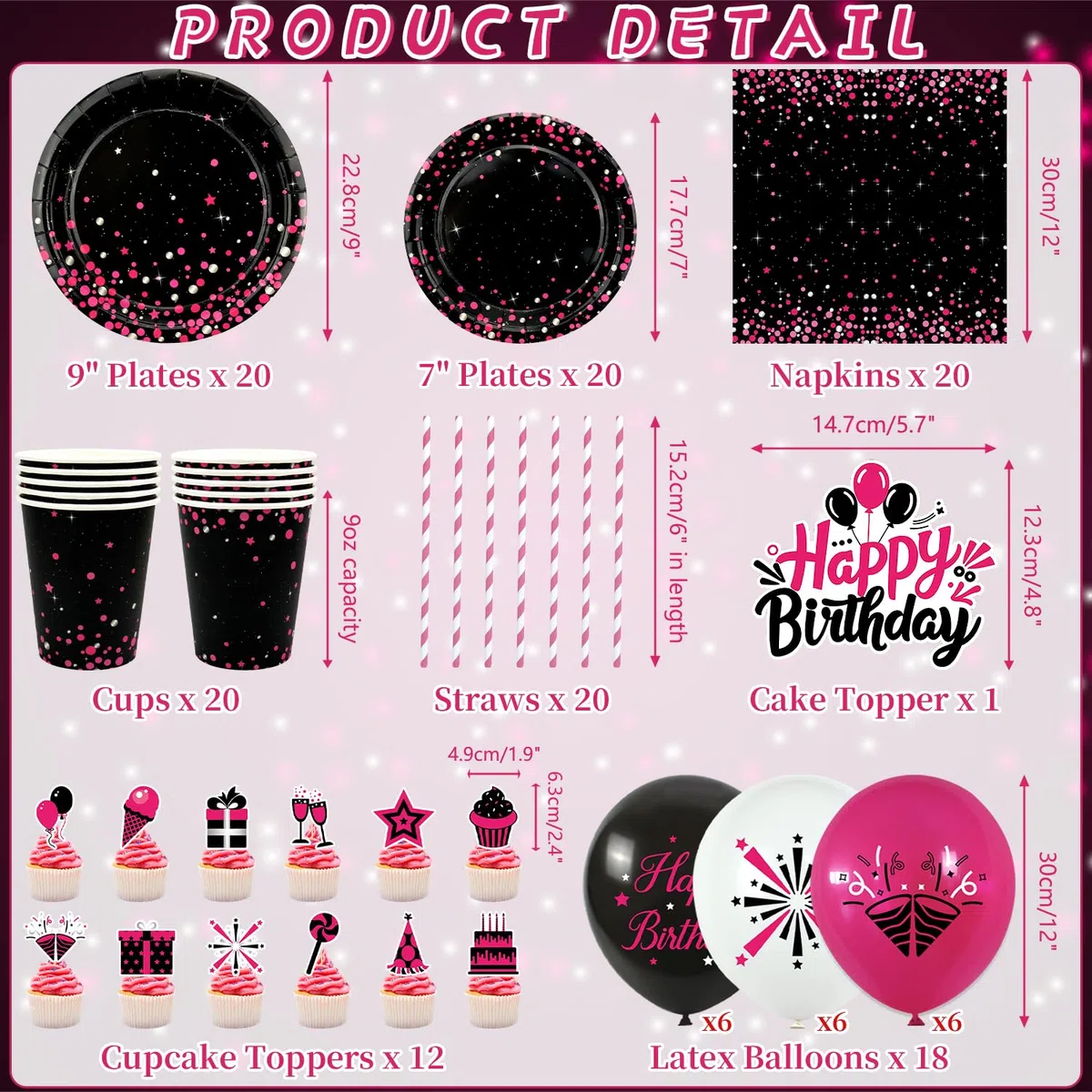 Decorazione di compleanno rosa e nero - accessori per feste in rosa e nero, tra cui sfondo, piatti, decorazioni per torte, bicchieri, tovaglioli, palloncini, tovaglie, per 20 persone (BJ)