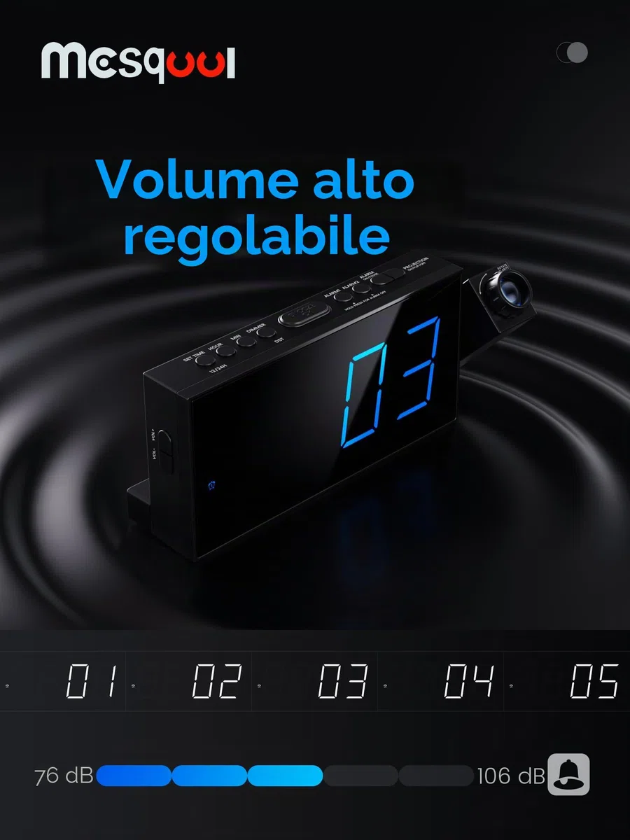 Sveglia di proiezione, display digitale da 7 pollici, doppio allarme, porta USB, volume di allarme regolabile, snooze, 12/24, backup batteria per camera da letto, soffitto, parete, casa, bambini,