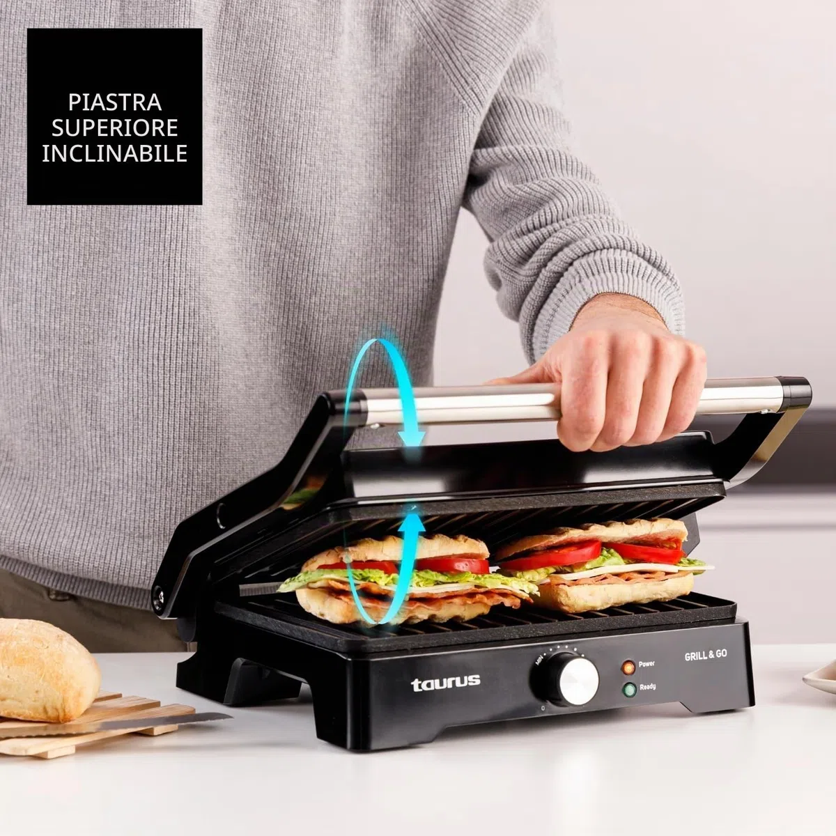 Taurus - Grill Elettrico Grill&Co GR1500X | 1500W | Piastre Antiaderenti 27,5x17,3cm | Coperchio Basculante 180º | Termostato Regolabile | Base Antiscivolo | Vaschetta Raccogligocce