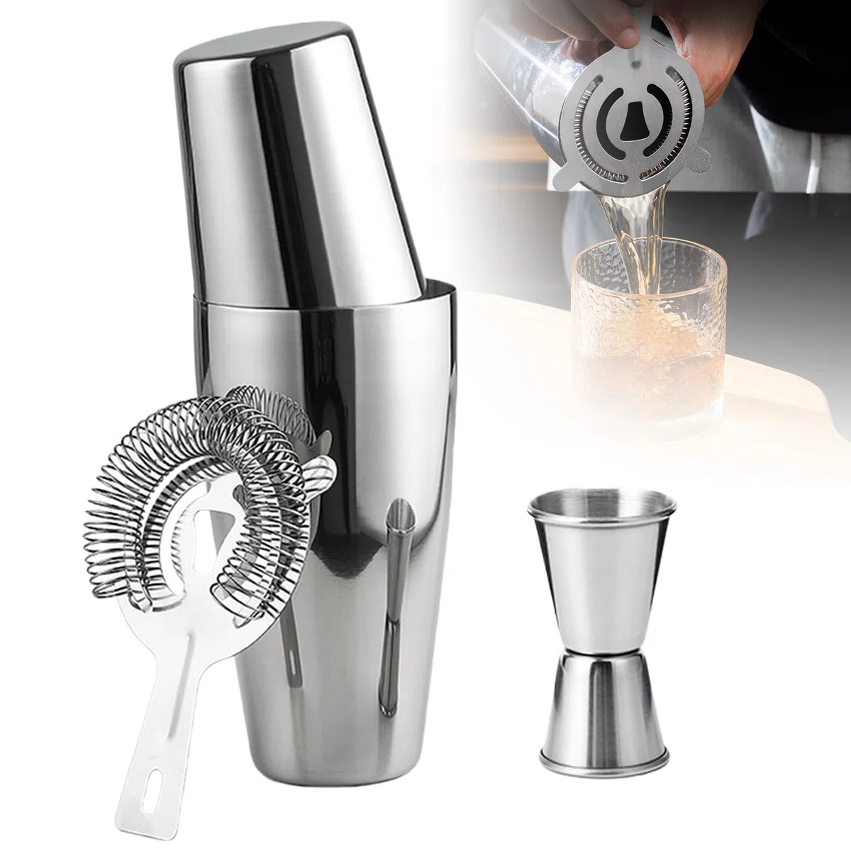 Boston - Set shaker da cocktail da 600 ml e 450 ml, in acciaio inox, con colino e misurino, in metallo, accessori da bar di alta qualità, shaker professionale Boston per Bartending