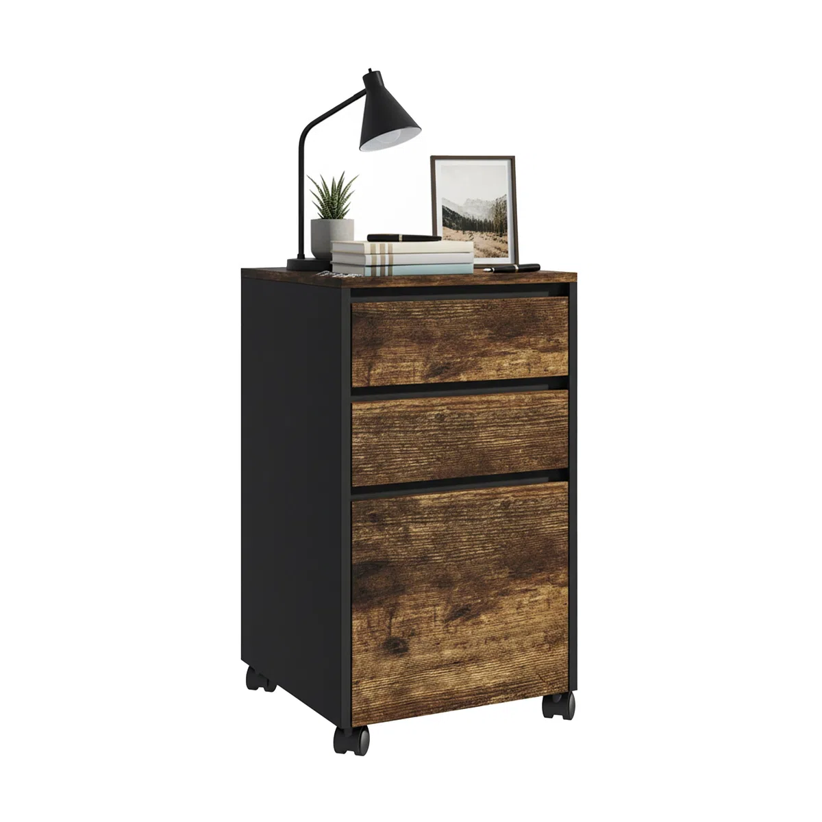 Relaxdays cassettiera con Ruote, 3 cassetti, 1 cassetto sospeso per A4, AxLxP: 70 x 40 x 40 cm, Nero/Marrone