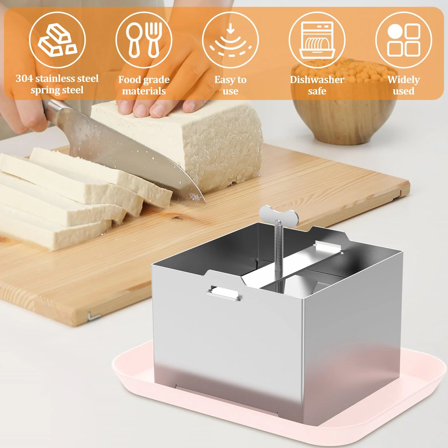 Tofupresse in Acciaio Inox 500g Paneer Maker con Regolazione della Pressione e 1 Ciotola 1 Panno da Formaggio per Tofu Paneer Fatto in Casa(500g)