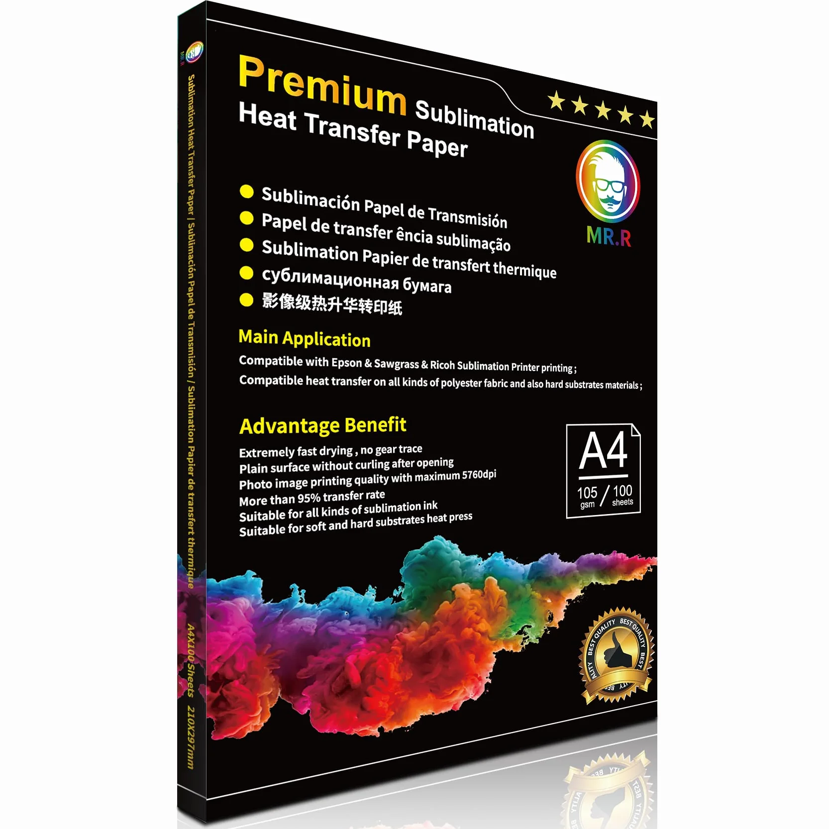 MR.R Carta per trasferimento di calore a sublimazione Premium per EPSON e Sawgrass 105 gsm A4 8.25''X11.69'', 100 fogli per confezione