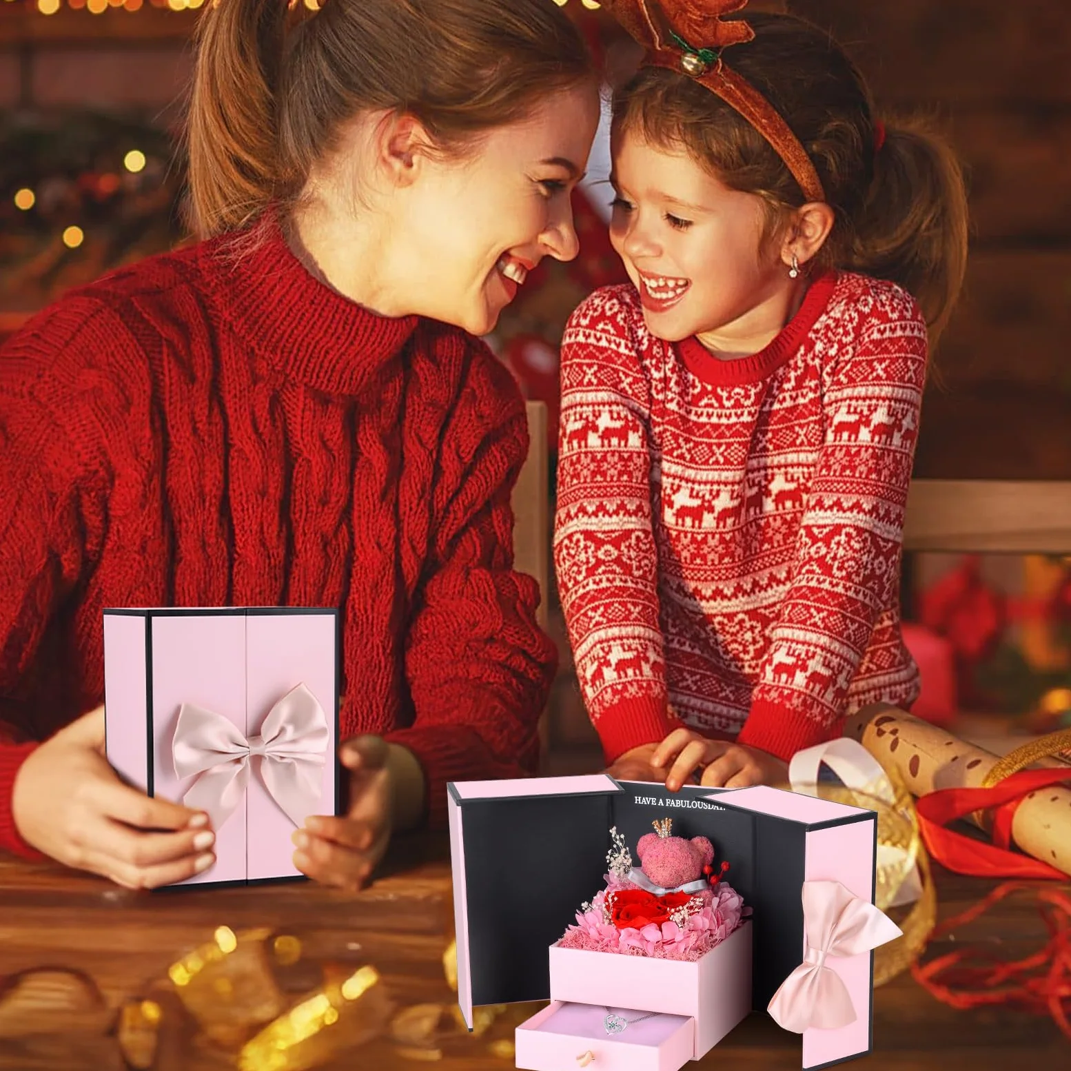 Rosa Eterna Idea Regalo per Lei,Rosa Stabilizzata con Collana e Orsetto Rosa Romantico Regalo San Valentino per lei,Festa della Mamma,Regalo di Compleanno per Fidanzata,Moglie,Donne
