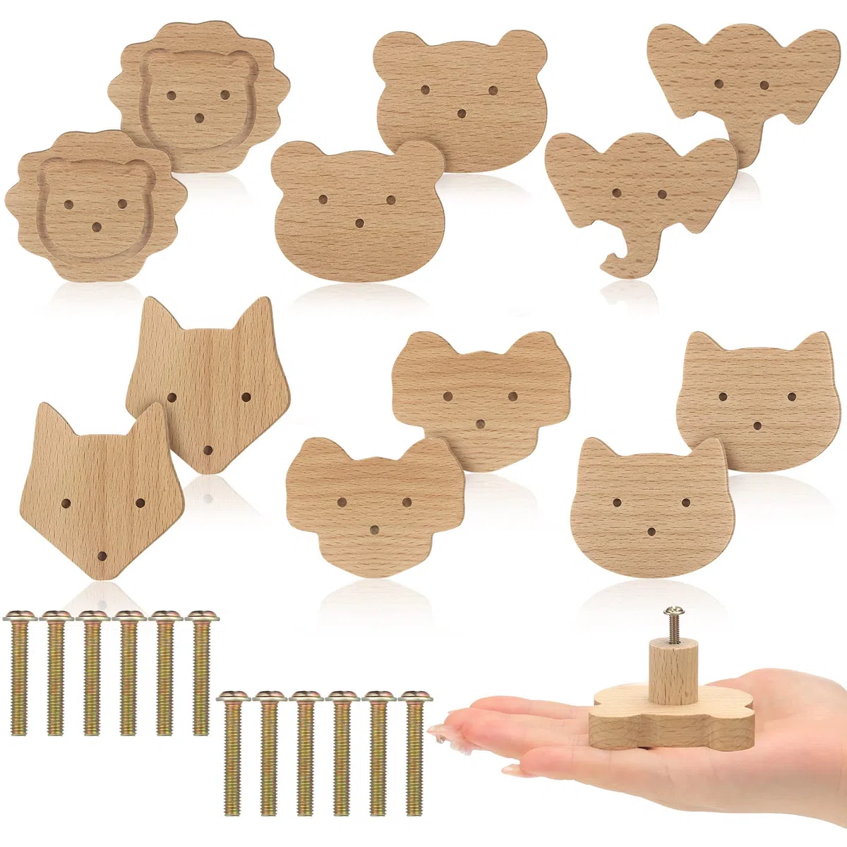 Qunclay, Pomelli decorativi in legno a forma di animale per cassettiera, con viti, per cassettiera, maniglie per la cameretta dei bambini, decorazione per mobili per la casa, carini, set da 12