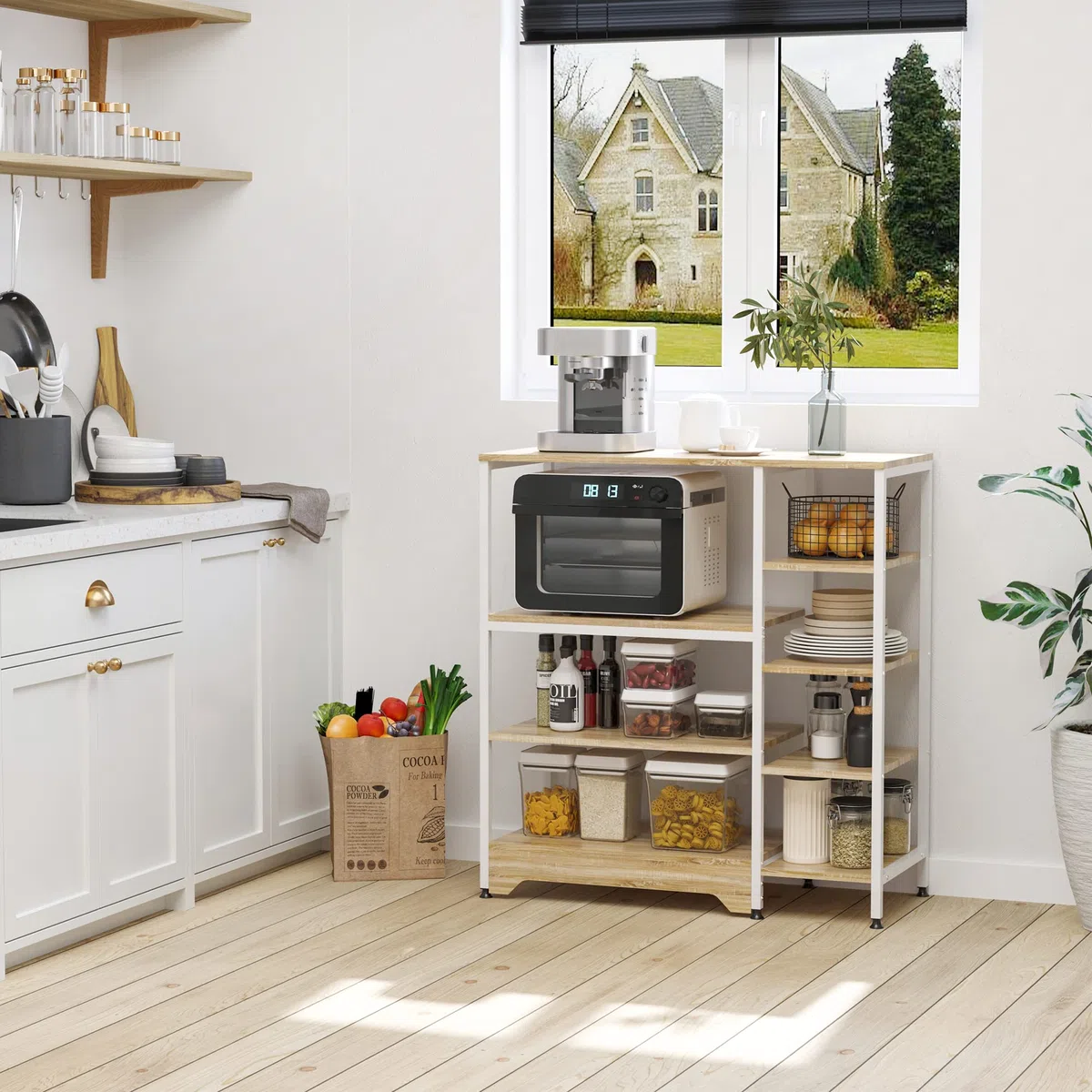 HOMCOM Scaffale da Cucina Basso Salvaspazio Stile Industriale, Mobiletto con 7 Ripiani per Cucina in Metallo e Legno, 90x40x95cm, Bianco
