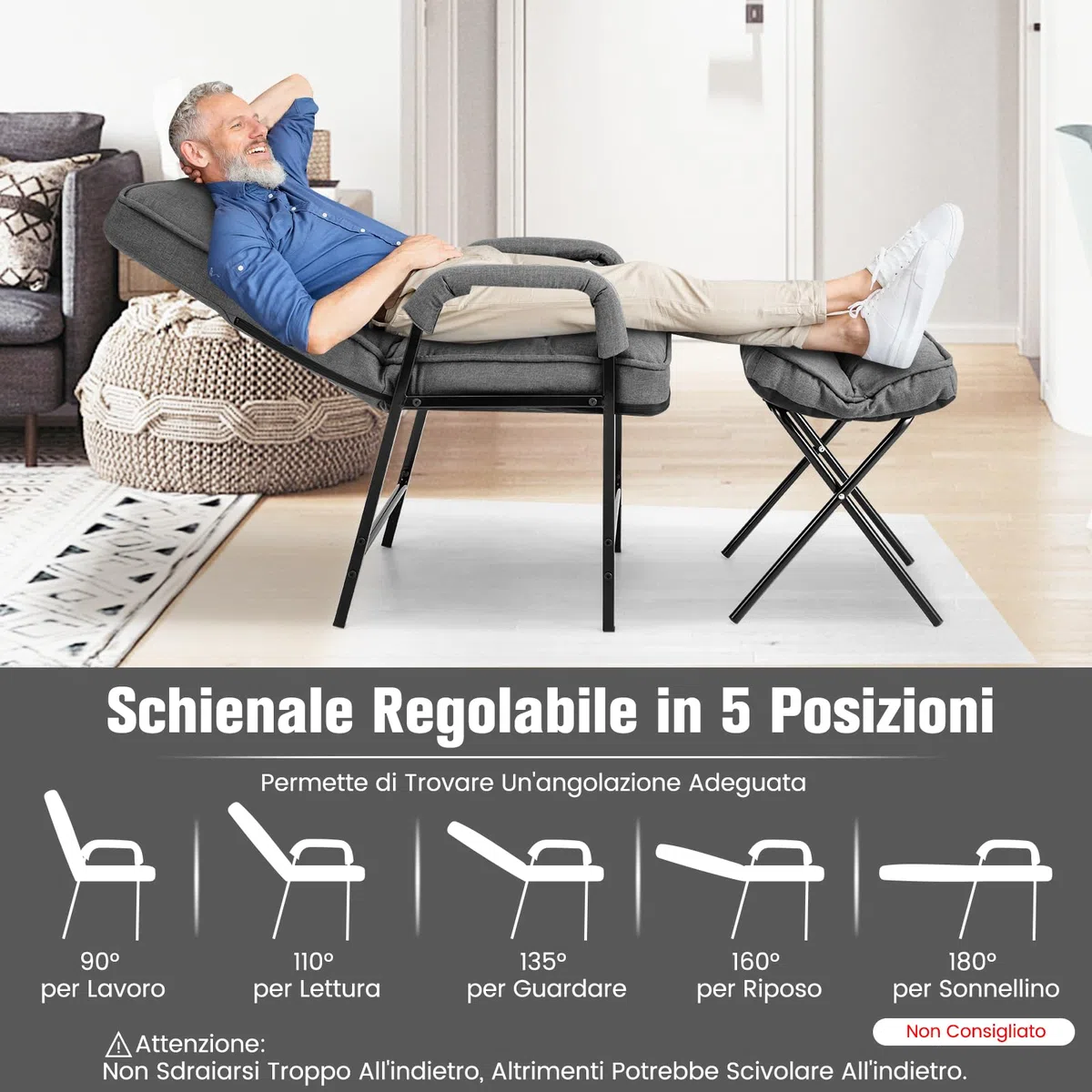 COSTWAY Poltrona Imbottita con Pouf Poggiapiedi Pieghevole, Schienale Alto Reclinabile a 5 Posizioni, Poltroncina Sedia Sdraio in Lino, Poltrona Moderna con Braccioli da Soggiorno Ufficio (grigio)