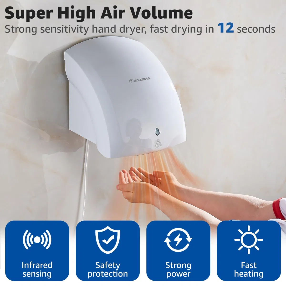 modunful Asciugamani automatico Asciugamani a muro con luce pilota, asciugatura ad aria calda e fredda, compatto classico commerciale 220V 2000W bianco