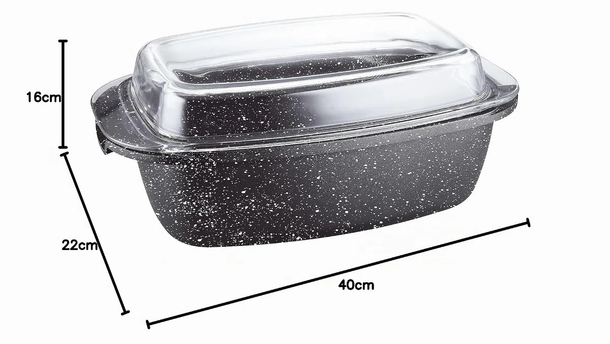 KAMBERG Rostiera 40 x 22 x 16 cm, Ghisa di Alluminio, Rivestimento Antiaderente di Alta Performance Pietra, Coperchio in Vetro, Tutti Fornelli y induzione, Senza PFOA, 5.3 Litri