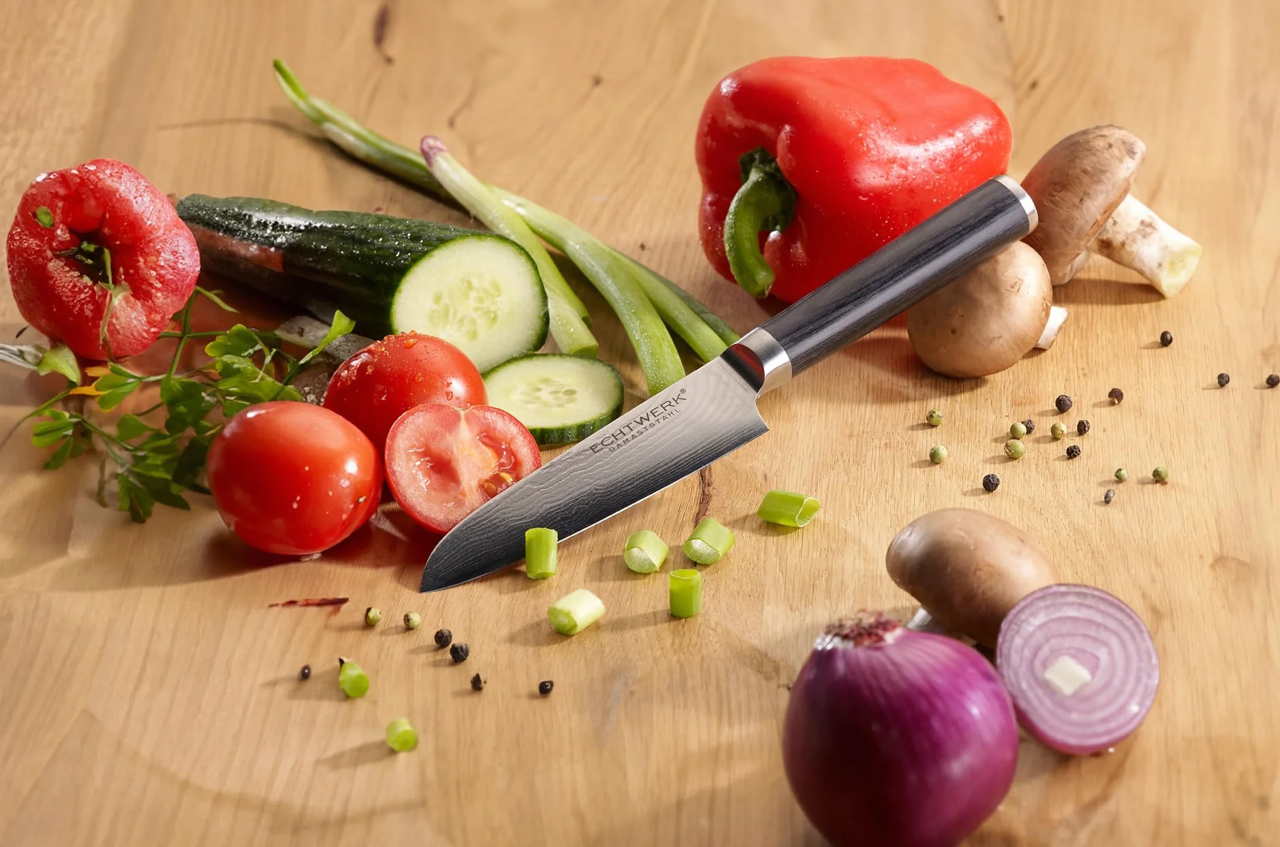 ECHTWERK Coltello Damasco, piccolo coltello santoku, coltello tradizionale giapponese, coltello da chef, coltello da cucina, lama affilata per tagli precisi di carne, pesce e verdure