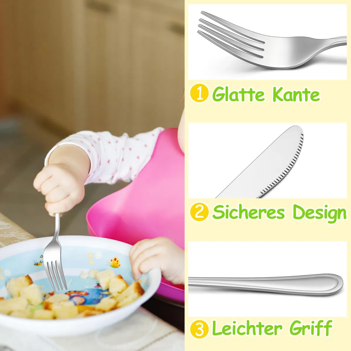 Herogo Set di 8 posate per bambini, in acciaio inox, con manico elegante, posate per bambini con 2 forchette per bambini, 2 cucchiai per bambini, 2 coltelli per bambini, 2 cucchiai piccoli, finitura a