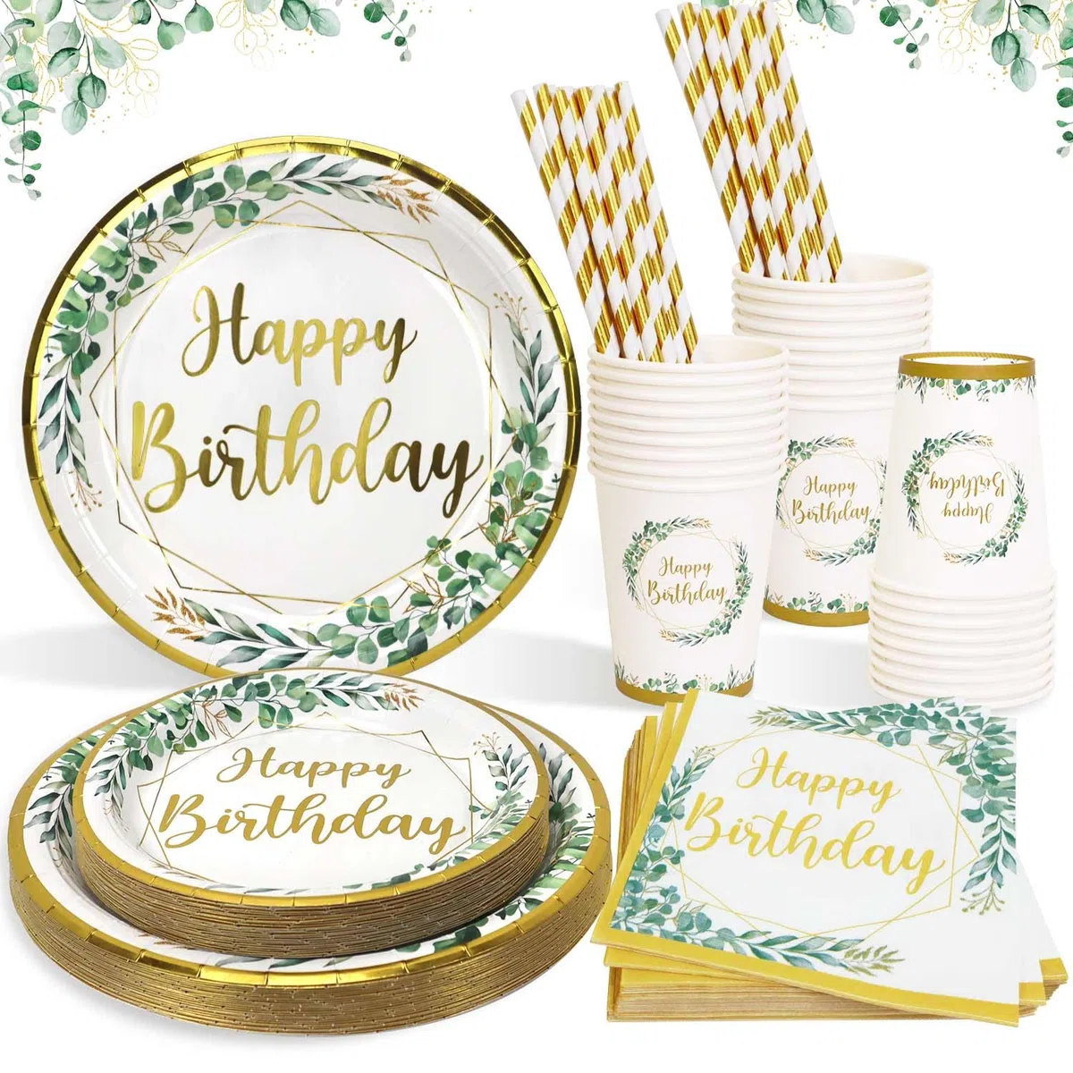 Piatti Compleanno Verde Salvia per 25 Ospiti, 125pcs Piatti di Carta Buon Compleanno Kit toviglie per Feste Bicchieri Tovaglioli Cannucce Verdi Dorato per Decorazioni Ragazzi Ragazze