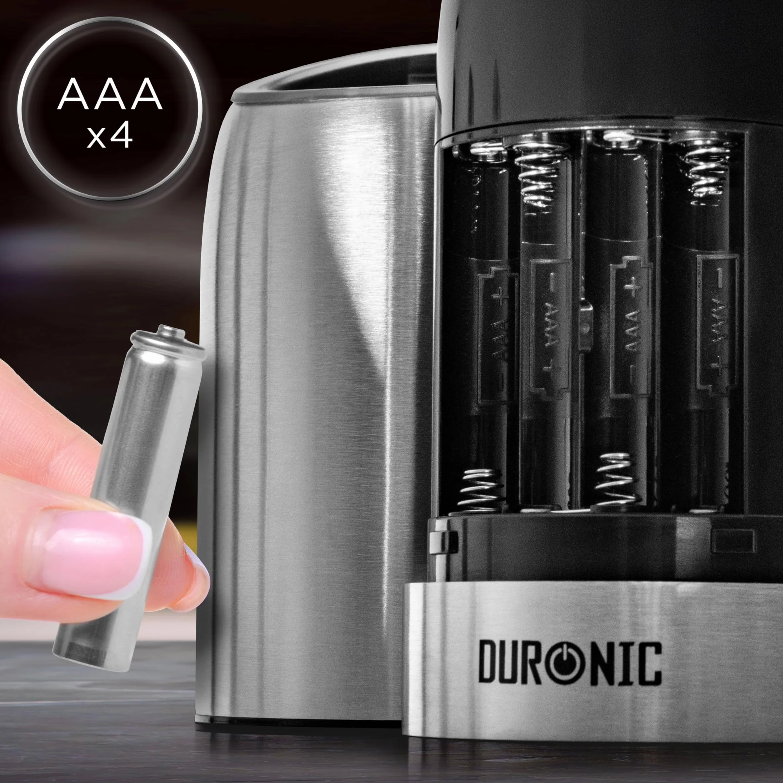 Duronic EMB2 Set 2 Macinasale pepe Elettrico, Macina Spezie automatico 150 ml, Gravità Senza Pulsanti, Regolabile Fine Grossa, Luce LED Macinino Sale Pepe, Portatile Alimentazione Batterie
