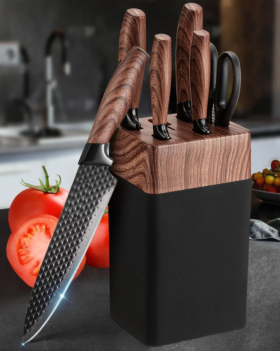 Coltelli da Cucina, 7 Pezzi Set Coltelli da Cucina Affilati con Blocco, Lame Acciaio Inossidabile di Qualità e Manici Ergonomici, Coltello da Cucina Professionali per Uso Domestico（Non Legno）