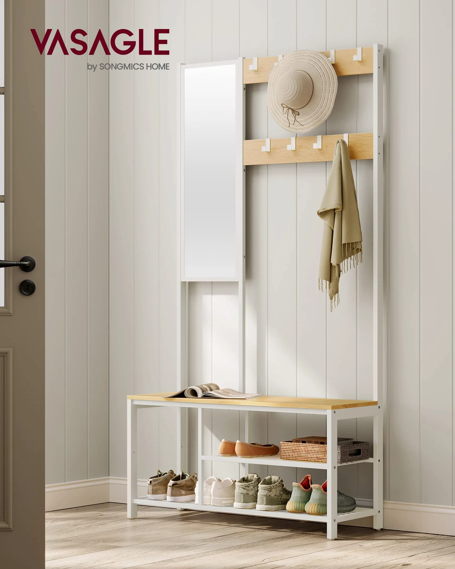 VASAGLE Appendiabiti, Mobile Ingresso con Ganci, Specchio, Panca Scarpiera e Ripiani, 36 x 98 x 185 cm, Corridoio Camera da Letto Salotto, Color Rovere e Bianco HSR050W09