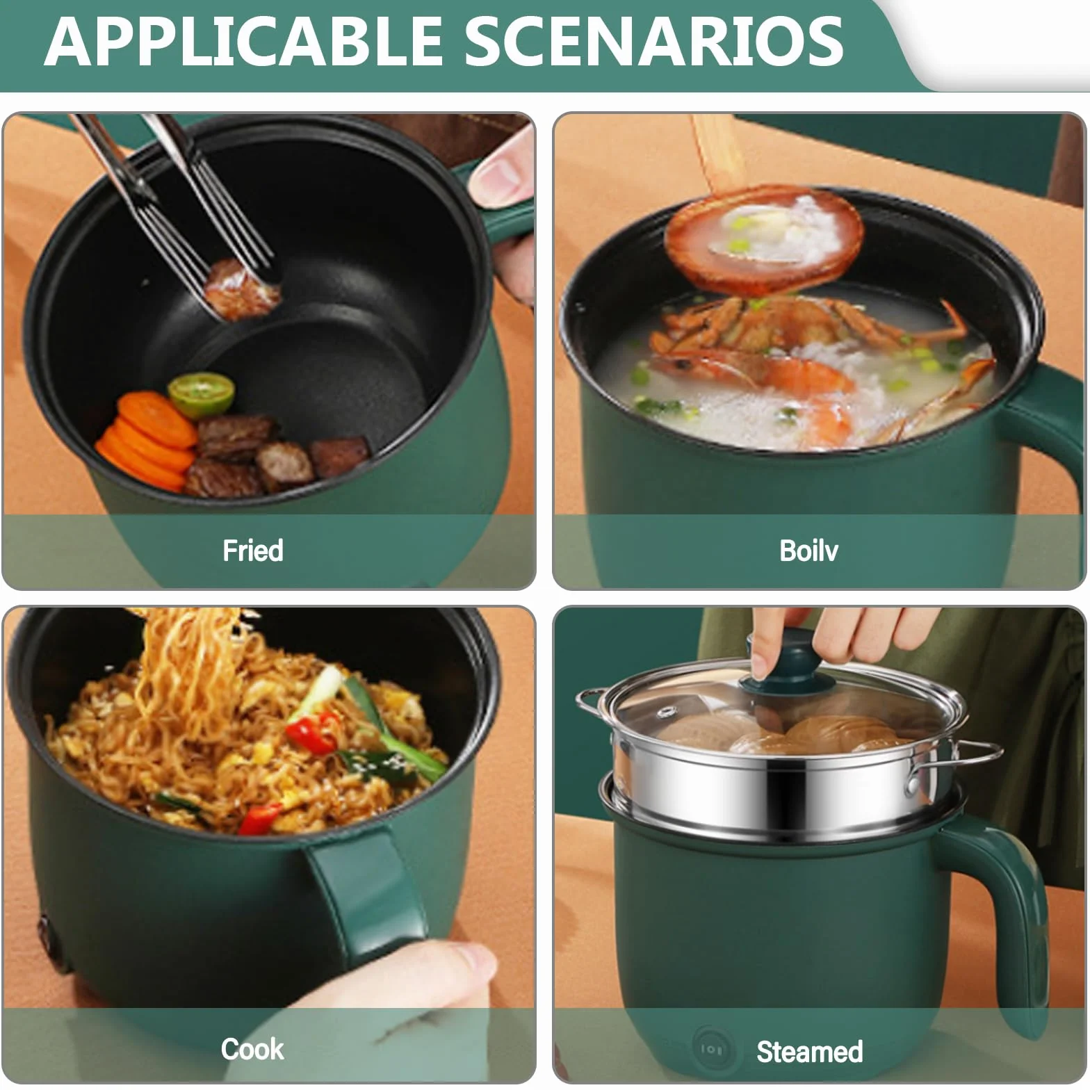 Hot Pot elettrico con piroscafo, mini portatile antiaderente multicooker, pentola elettrica multiuso padella elettrica elettrica elettrica per bistecca/pasta/zuppa/uovo/avena