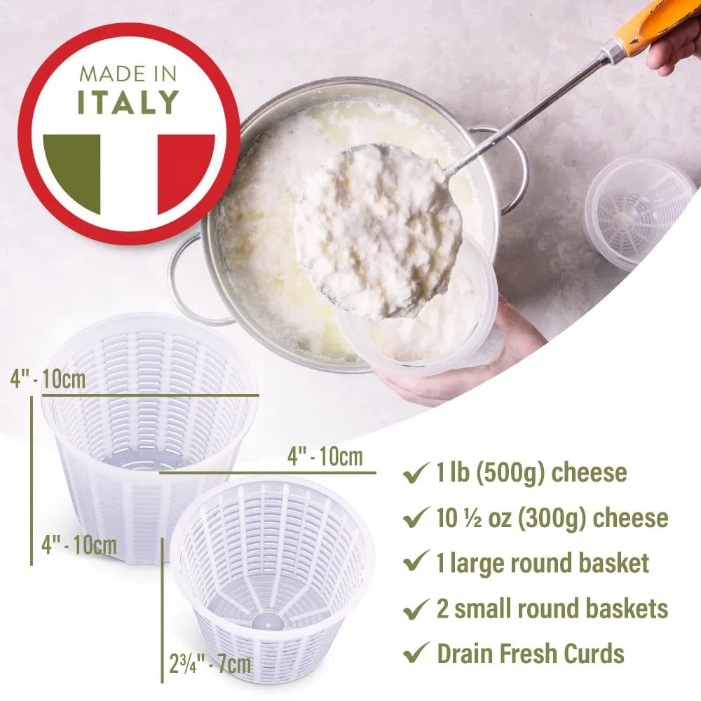 Easy Cheesemaking Kit,5 stampi per formaggi + libro per la produzione di formaggi,Made in Italy,Ricette per fare ricotta, paneer, quark e altro,Set di filtri professionali per formaggi
