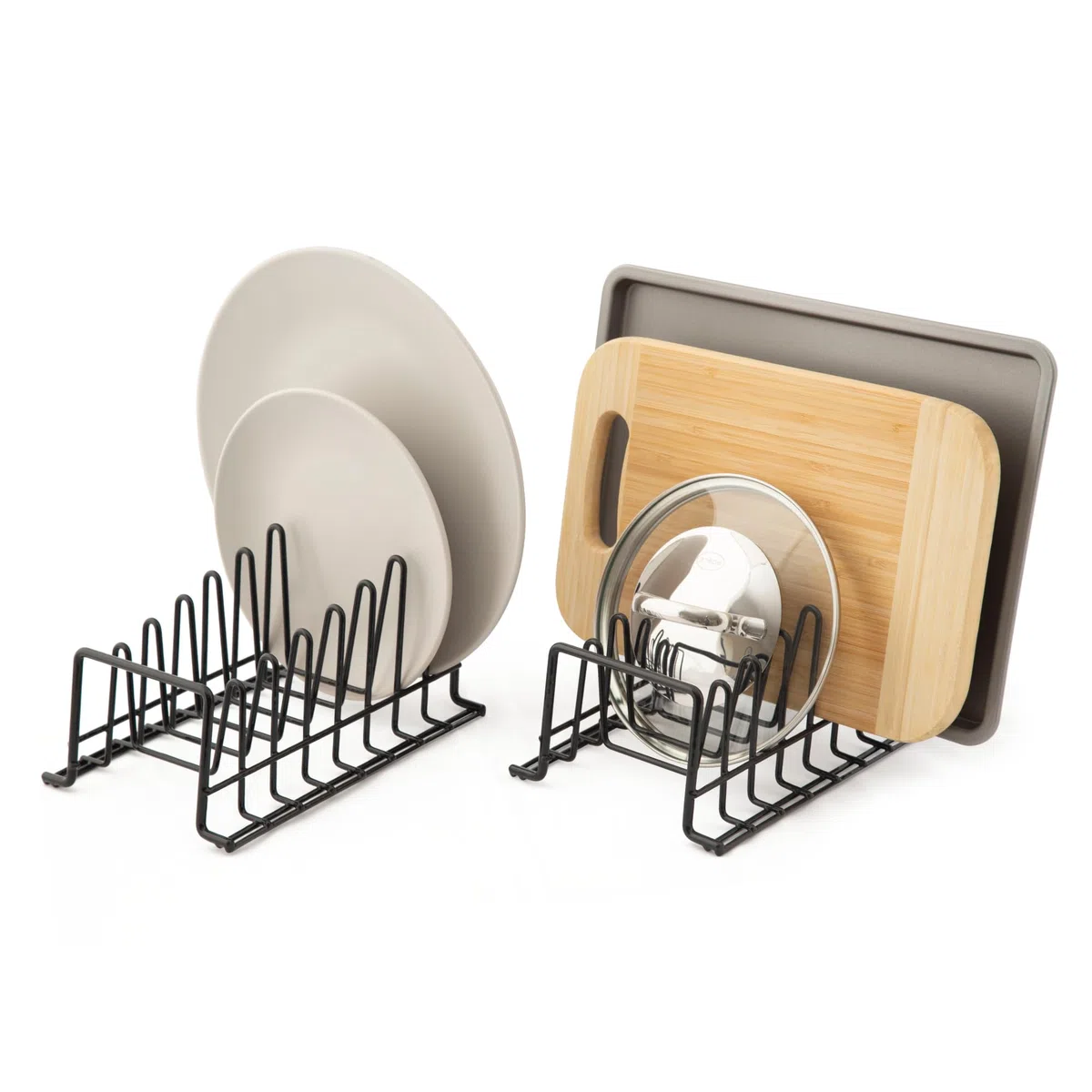 simplywire - Confezione da 2 - Rastrelliera per Piatti/Scolapiatti - Organizer per Credenze da Cucina - Acciaio Rivestito in Plastica Nera - Piccolo
