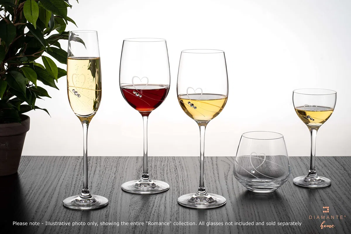 DIAMANTE Flute da champagne, bicchieri da prosecco con design 'Romance' tagliato a mano, impreziosito da cristalli, con scatola regalo