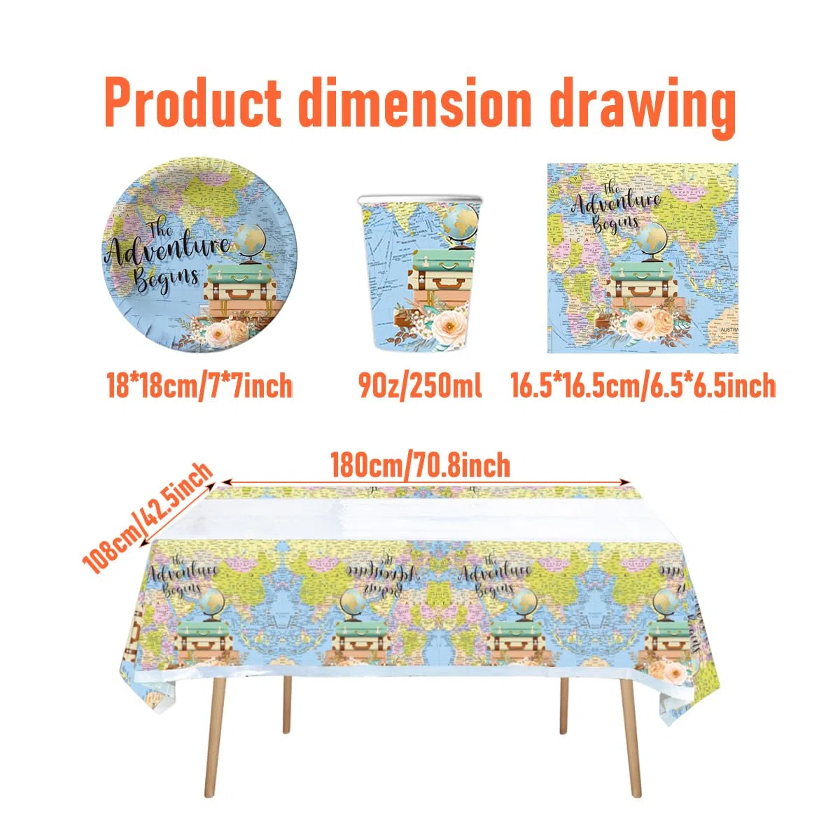 Viaggi Stoviglie per feste, 61 pezzi Esploratore Stoviglie per compleanni per bambini, Mappa del mondo Set di piatti di carta per feste, Compresi bicchieri, tovaglioli e tovaglie