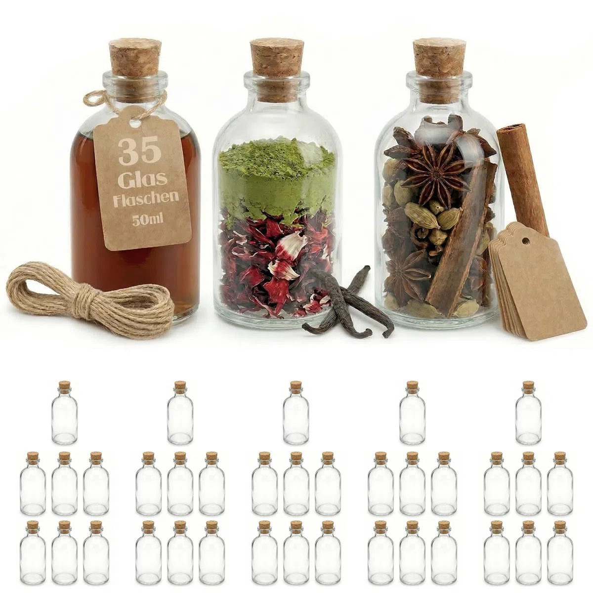 35 Bottigliette di Vetro Piccole 50 ml con Tappo Sughero, Mini Bottiglie Vetro 50ml da Riempire per Liquori Mignon Bomboniere Etichette