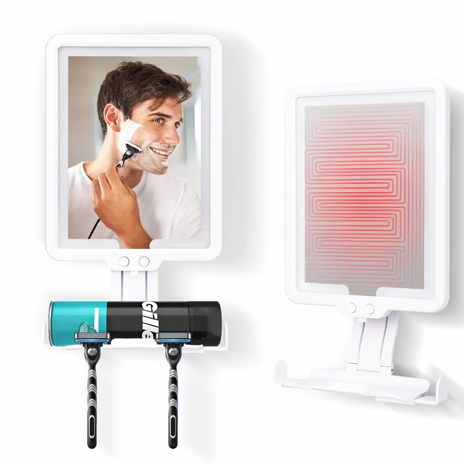 Specchio da doccia riscaldato,Specchio da doccia antiappannante,3 Temperature Colore Regolabil,LED Ricaricabile con Vano Portaoggetti & Portarasoio,Montaggio a Parete (Senza Fori) 18x23 cm