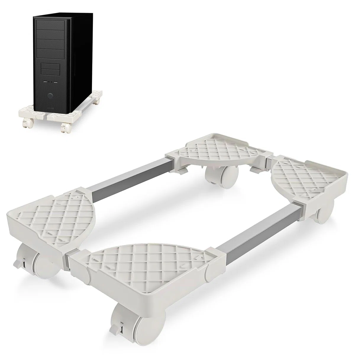 Supporto PC Tower con Ruote Base Regolabile: Telaio in Metallo Robusto per Raffreddamento e Mobilità CPU – Per Lavoro da Casa (Bianco)