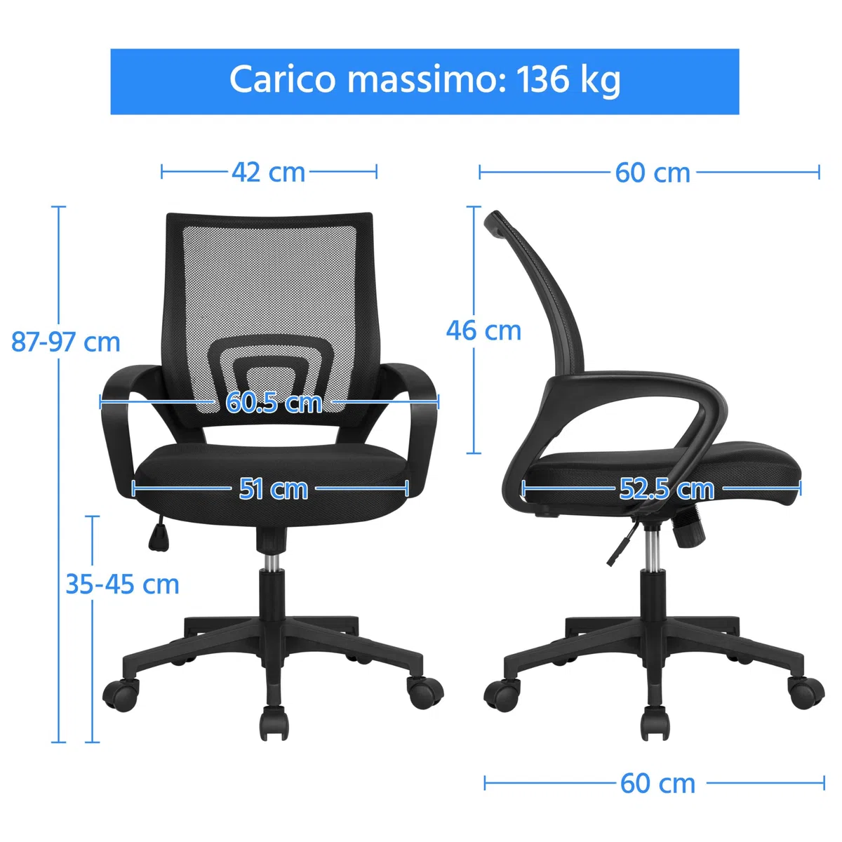 Yaheetech Sedia da Ufficio Scrivania Ergonomica a Rotelle Girevole Reclinabile Imbottita in Rete Traspirante con Braccioli Altezza Regolabile Portata 136 kg Nera