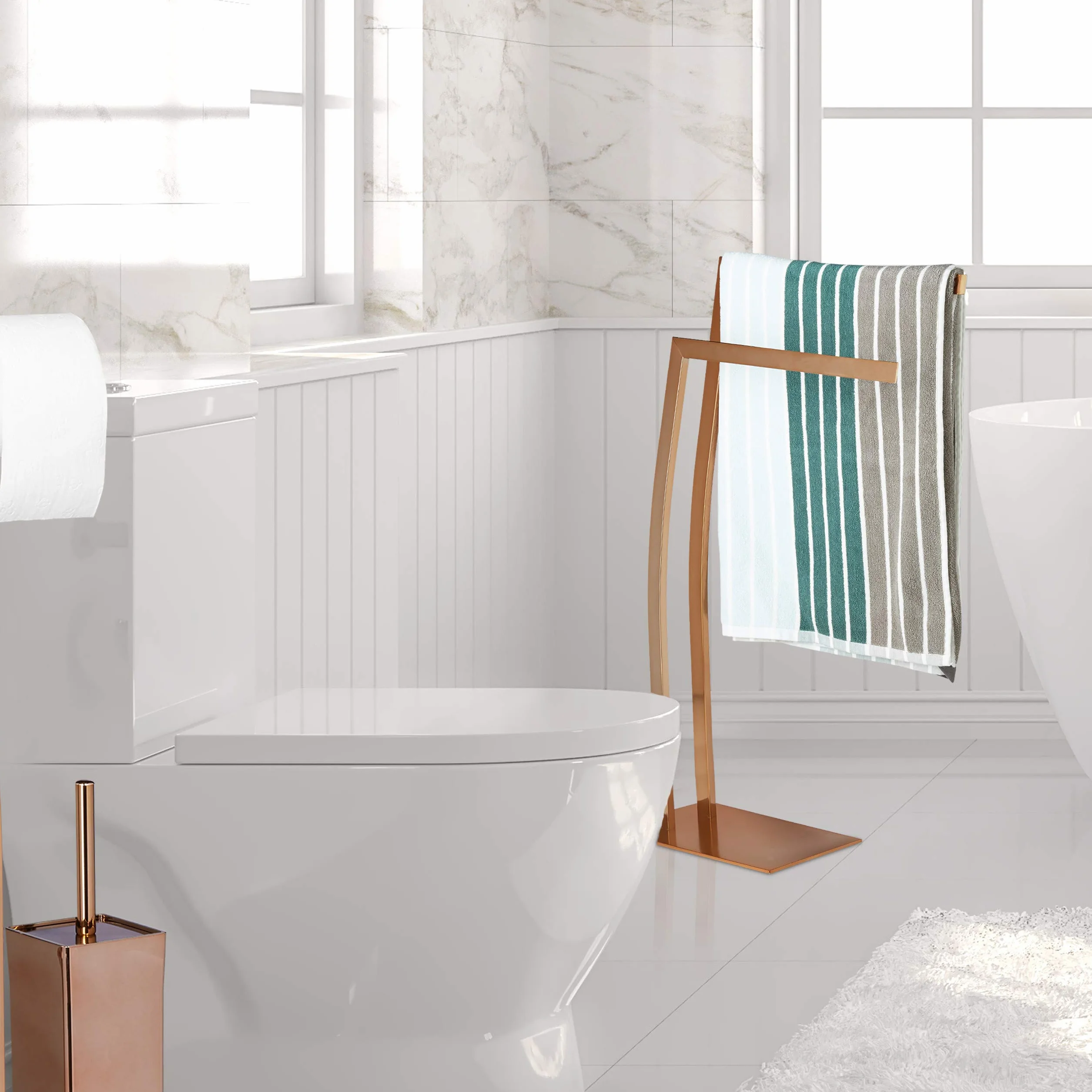 Relaxdays Porta Asciugamani WIMEDO, 80x32x20 cm ca., 2 Aste, Base Rettangolare, Decorazione, Acciaio Inox, Rame