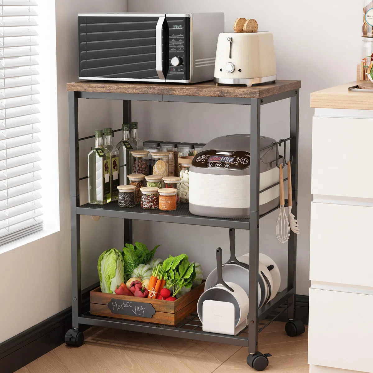 Carrello da Cucina con Microonde su Ruote,Tavolo per Microonde a 3 Ripiani con Spazio di Archiviazione,Piccolo Scaffale per Carrello da caffè per Organizzare Il Soggiorno O L'Ufficio.