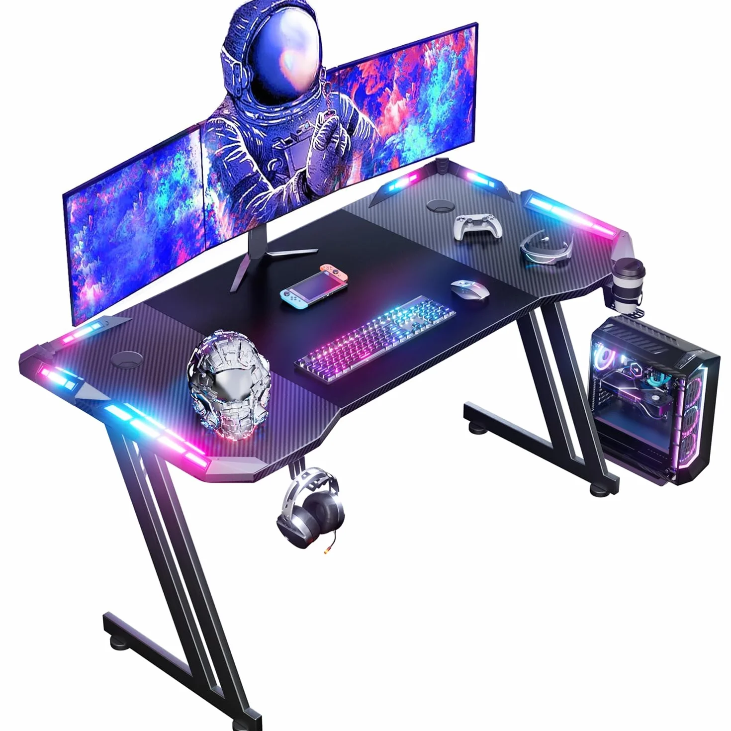 HLONONE 120 x 60 cm Scrivania Gaming LED, Tavolo Gaming Ergonomica, Postazione Gamer con Piano del Tavolo in Fibra di Carbonio, Scrivania per Computer con Porta Bicchiere e Ganci per Cuffie, Nero