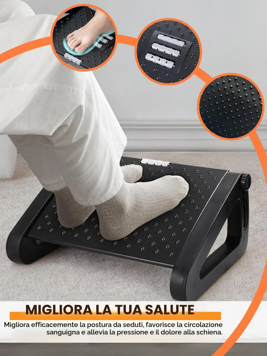 Poggiapiedi Ergonomico per Ufficio, Supporto per i Piedi per Scrivania Regolabile, Antiscivolo, Poggiapiedi con Funzione Massaggio, Migliora la Postura e la Circolazione, Ideale per Lavoro e Casa