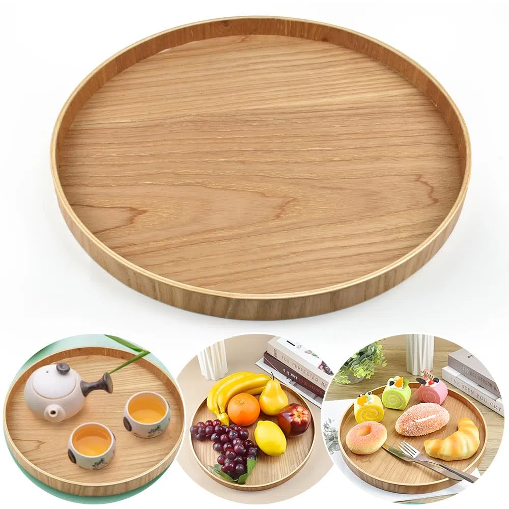 Vassoio Rotondo in Legno da 30cm - Piatto da Portata Tondo e Decorativo per Tè, Caffè, Frutta e Cibo