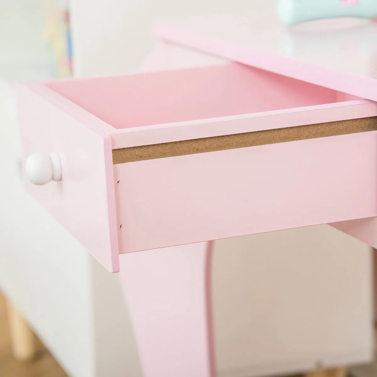 HOMCOM Toeletta Trucco Bambina con Sgabello in Legno, Postazione Trucco Bambina, Tavolo Trucco per Bambini 3-6 Anni con Specchio e Cassetto, Rosa