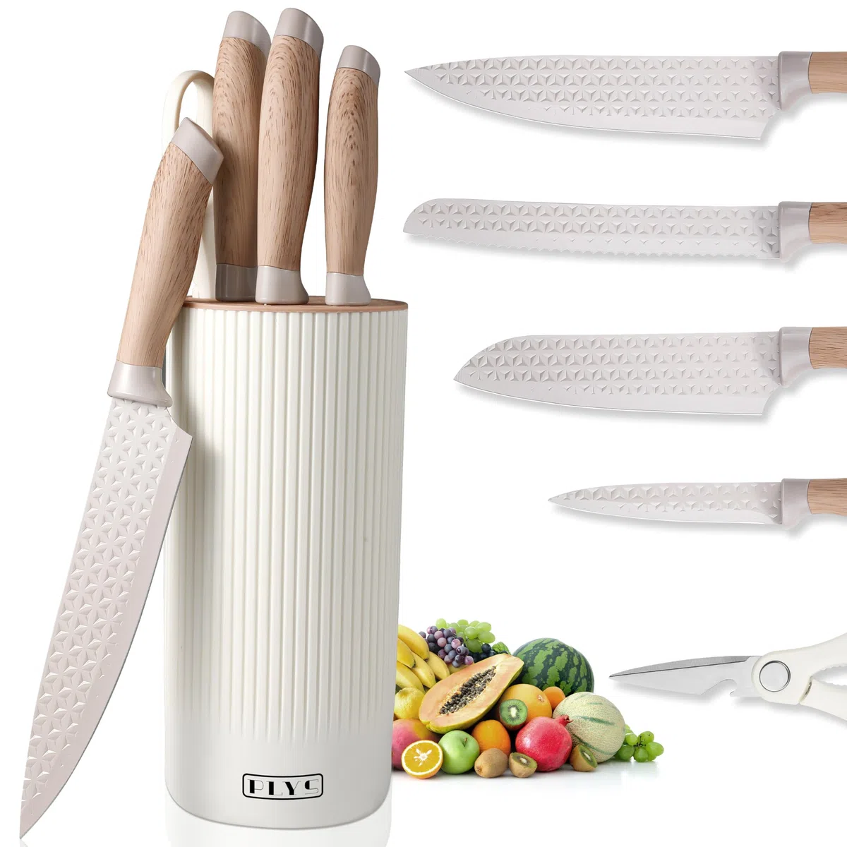 Set di Coltelli: Set di Coltelli da 6 Pezzi Comprende 2 Coltelli da Cucina, 1 Coltello da Pane, 1 Paio di Forbici e Un Ceppo Portacoltelli Universale, Set da Cucina, Carne, Verdura e Frutta, Cachi