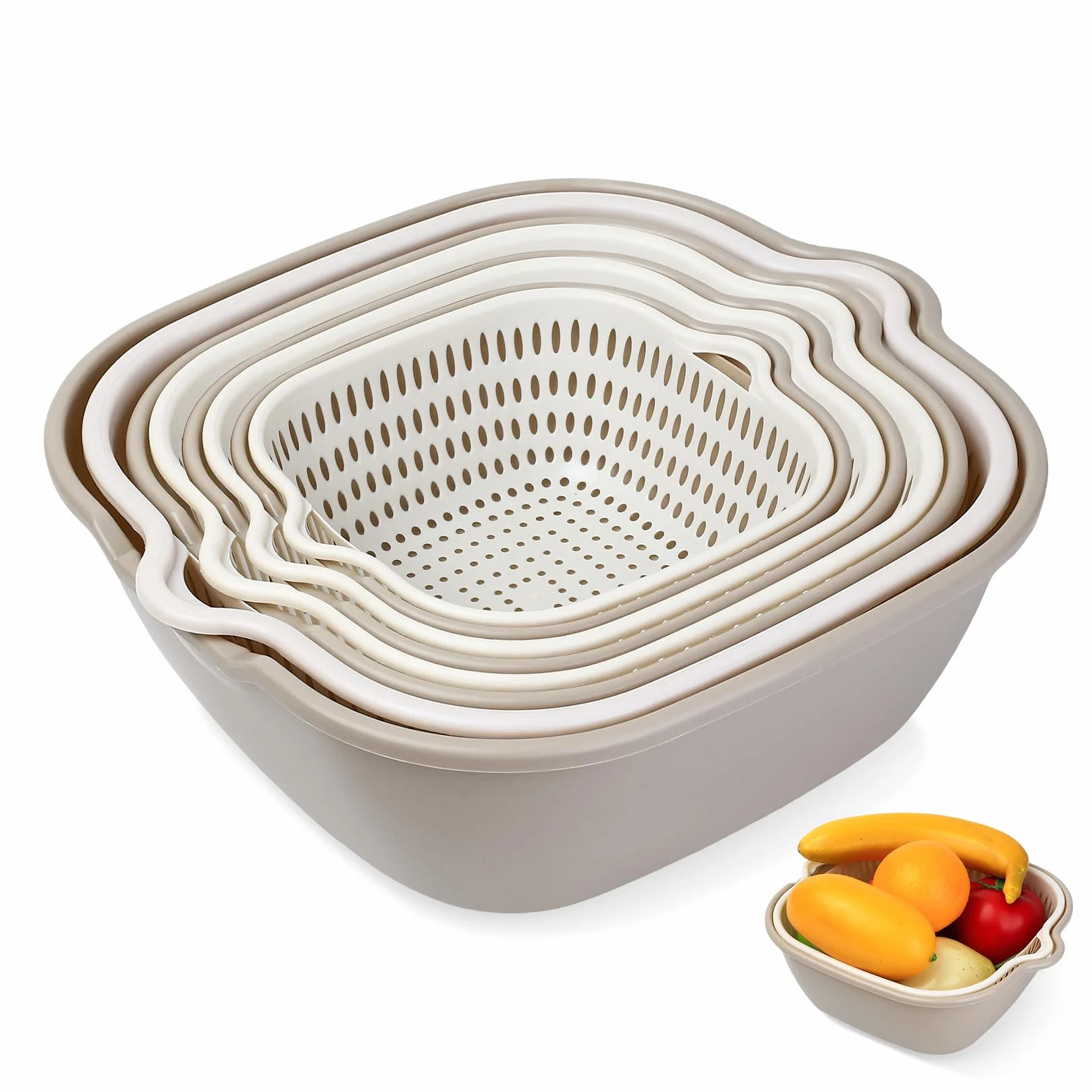 Set da 8 Pezzi, Colino da Cucina Multifunzionale 2-in-1, Cesto di Scarico in Plastica a Doppio Strato, Lavabo per Riso con Colino, Colino per Lavandino per Frutta Verdura e Riso