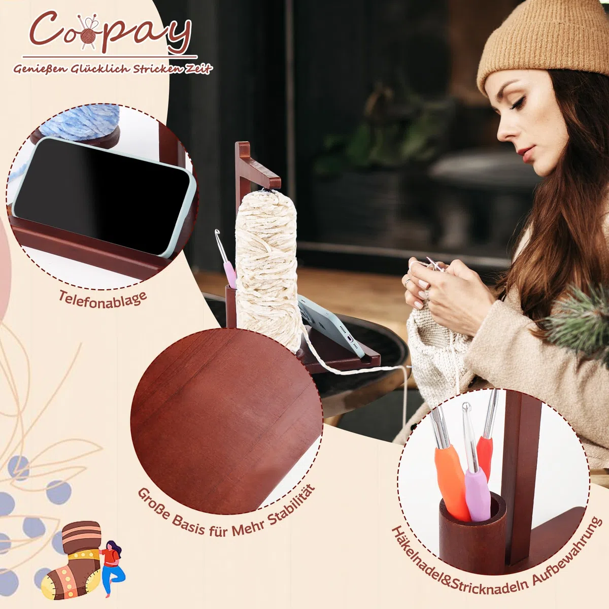 Coopay Garnhalter per l'uncinetto, svolgitore multifunzionale in legno, porta filo per uncinetto, grande porta lana per l'uncinetto e il lavoro a maglia, porta lana magnetico con contenitore e