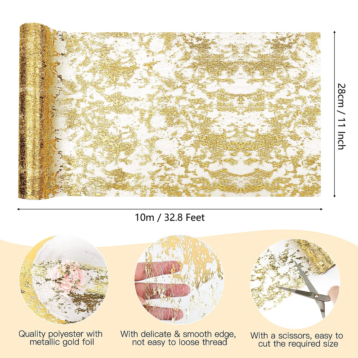 Yotako Runner da tavola dorato, 30 cm x 32,8 m, con glitter oro metallizzato, sottile e dorato, per matrimoni, feste e decorazioni di compleanno
