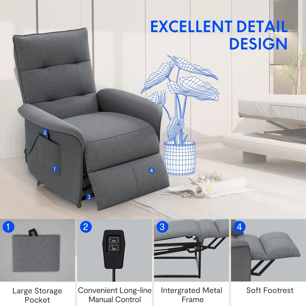FLEXISPOT Poltrona Relax Elettrica Push Back Sedia Relax Ergonomica Schienale Regolabile 105-155°, Per Arredo Salotto, Soggiorno e Ufficio