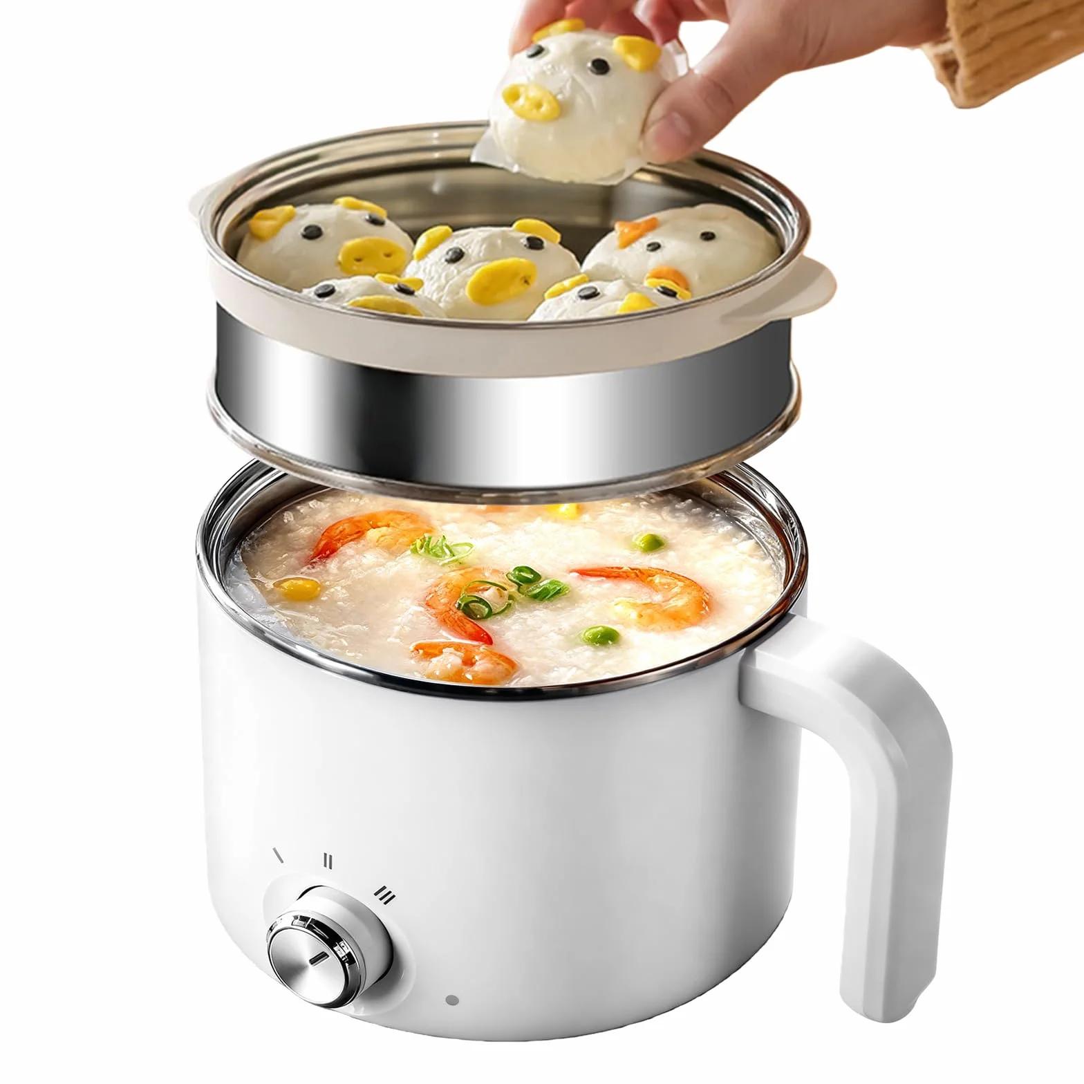 SUNOYA Un Set Mini Pentola Elettrica, 1.7l Portatile Pentola Elettrica, 300 W/600 W Hot Pot Ramen Cooker Con Vaporiera, Pentola Calda Elettrica Antiaderente, Per Riscaldamento Rapido In Viaggio