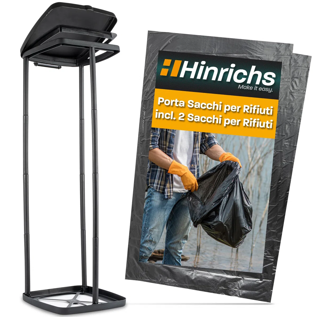 Hinrichs Supporto per sacco della spazzatura 120L - Supporto per sacco della spazzatura regolabile in altezza con coperchio per sacchi della spazzatura da 120L - Incl. 2 sacchetti per spazzatura 120L